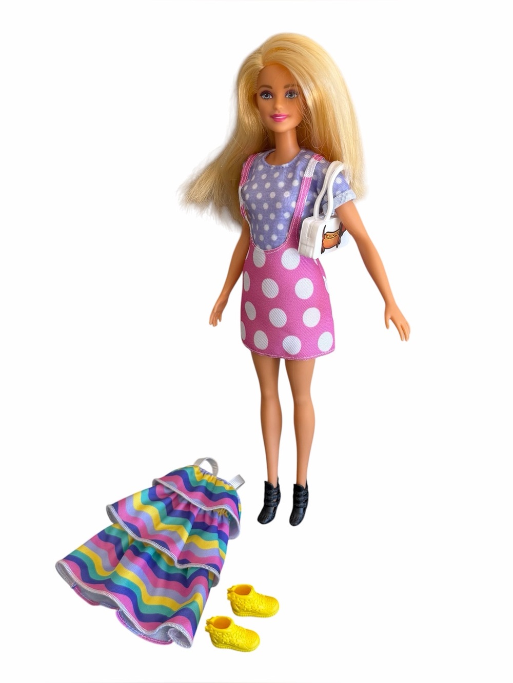 Mattel Barbie Doll Blonde Rainbow Ruffle Dress Polka Dot Jumper Hot Dog Purse